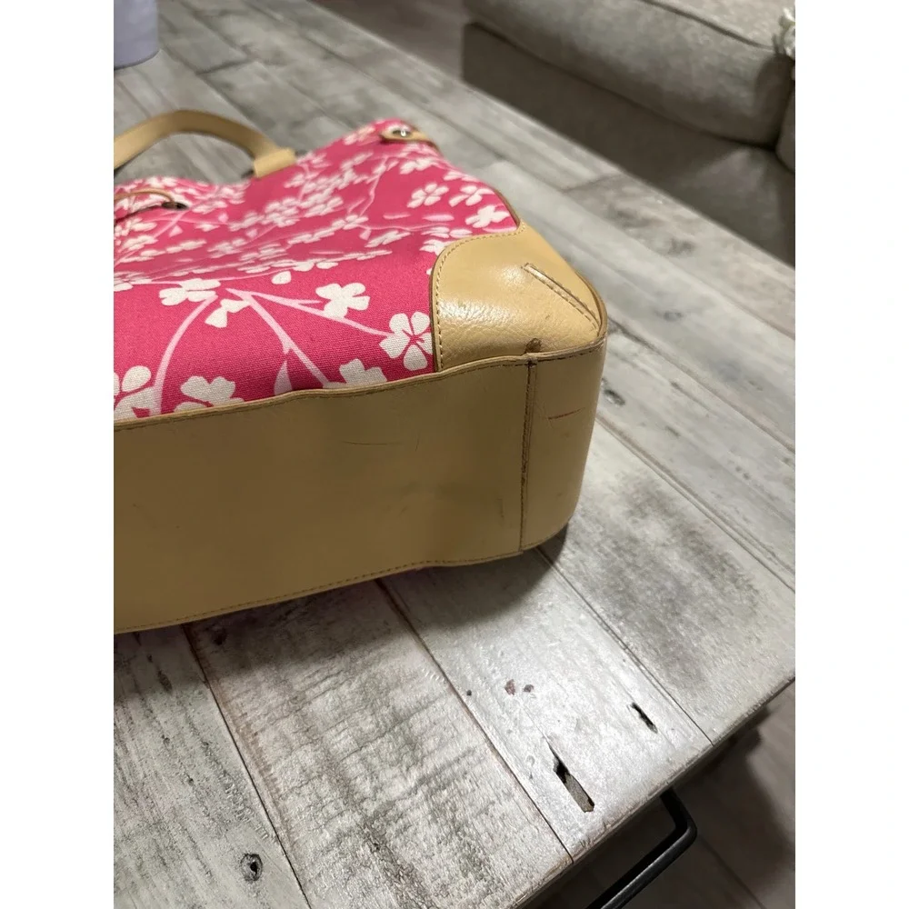 Bath & Body Works Pink Cherry Blossom Floral Canvas Tote Bag Tan Trim Large